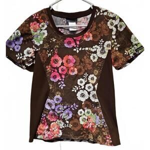 Cherokee Scrub Top Size Small White Brown Wildflower Mix Crew Neck